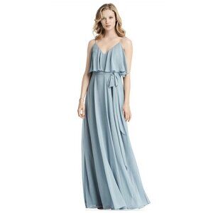Jenny Packham Cold-Shoulder Chiffon Gown Light Blue Ruffle Maxi Size 2 NWT